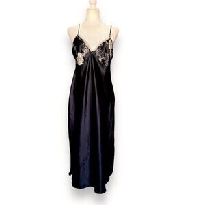 Vntg Secret Treasures Silky Slip Dress Sz M Black Floral Accents Y2k Glam Goth